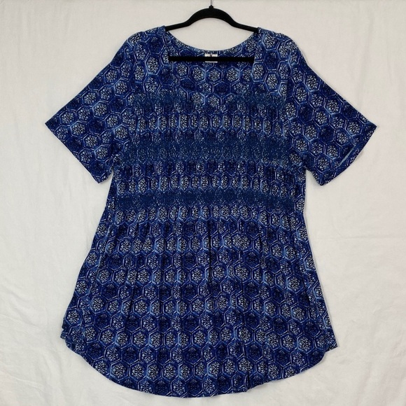 dC Jeans Shirred Long Top Blue Geometric Print Womens Size 2X - Picture 1 of 12